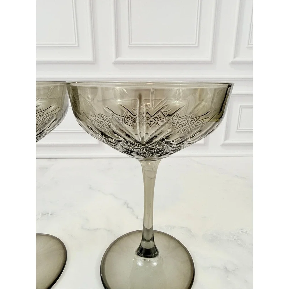 PAIR (2) Pasabahce Timeless Vintage Smoke Gray Crystal Coupe Glasses RARE